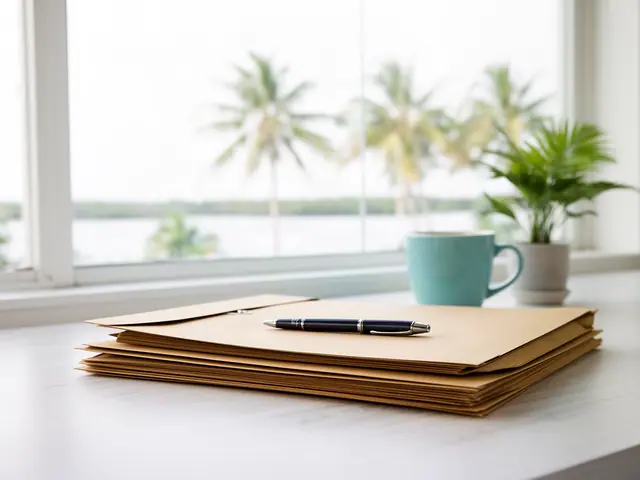 A neat stack of closed manila folders and a pen on a desk by a window.