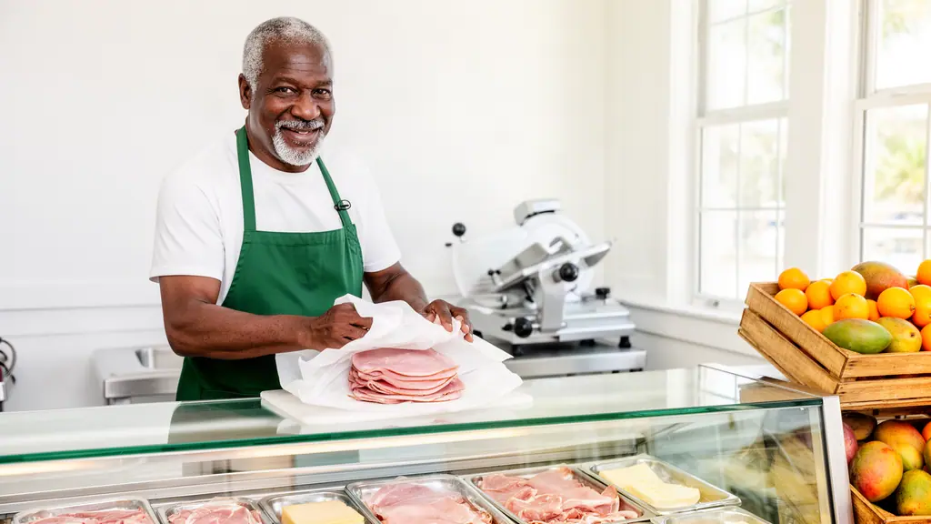 A grocer wrapping sliced ham in white paper behind a deli case in a bright neighborhood grocery.